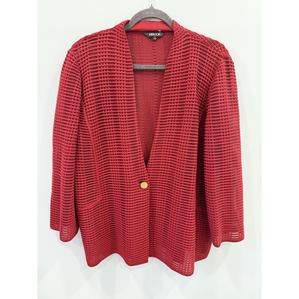 Misook Red Textured Knit Jacket Gold Button Striped Large Sweater